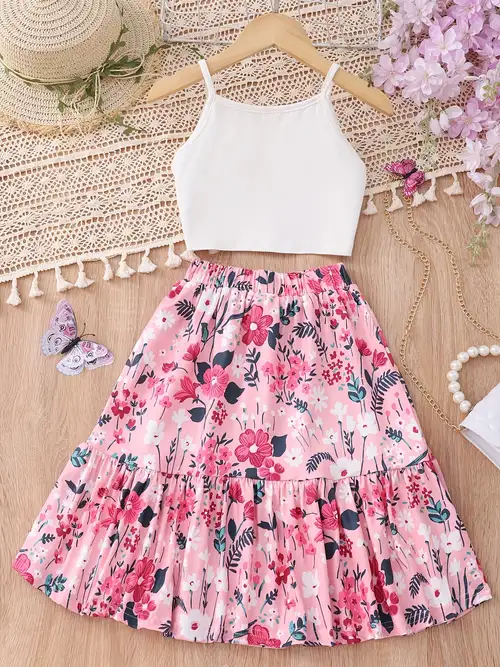 2pcs Girls Crop Cami Tops & Flowers Graphic * Hem Skirt Set Kids Summer Clothes