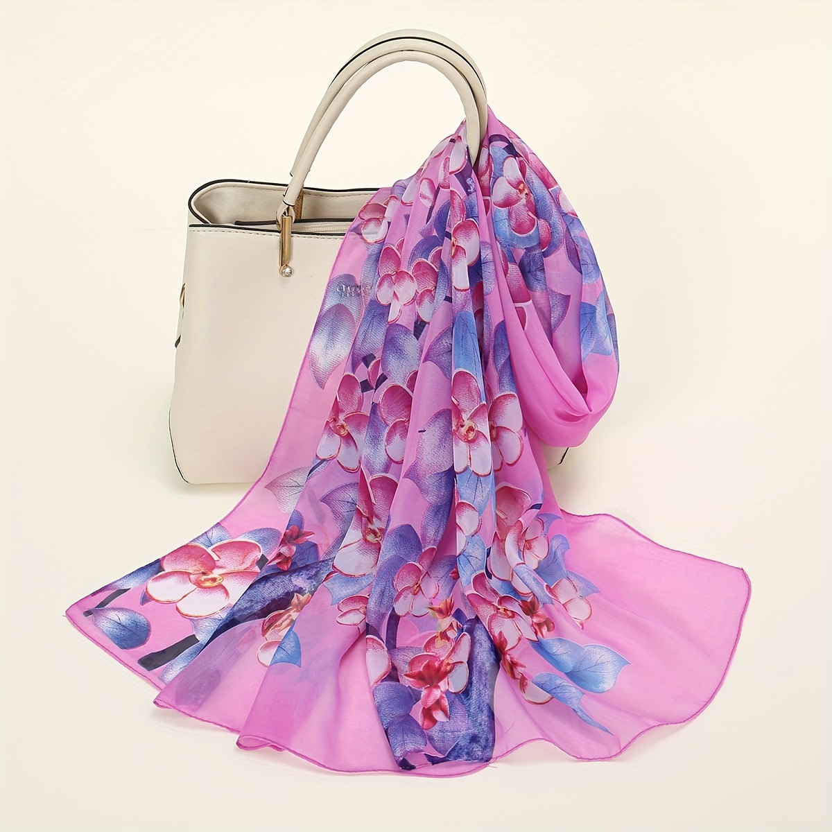 Chiffon Flower Print Scarf Silk Shawl Casual Windproof Head Wrap