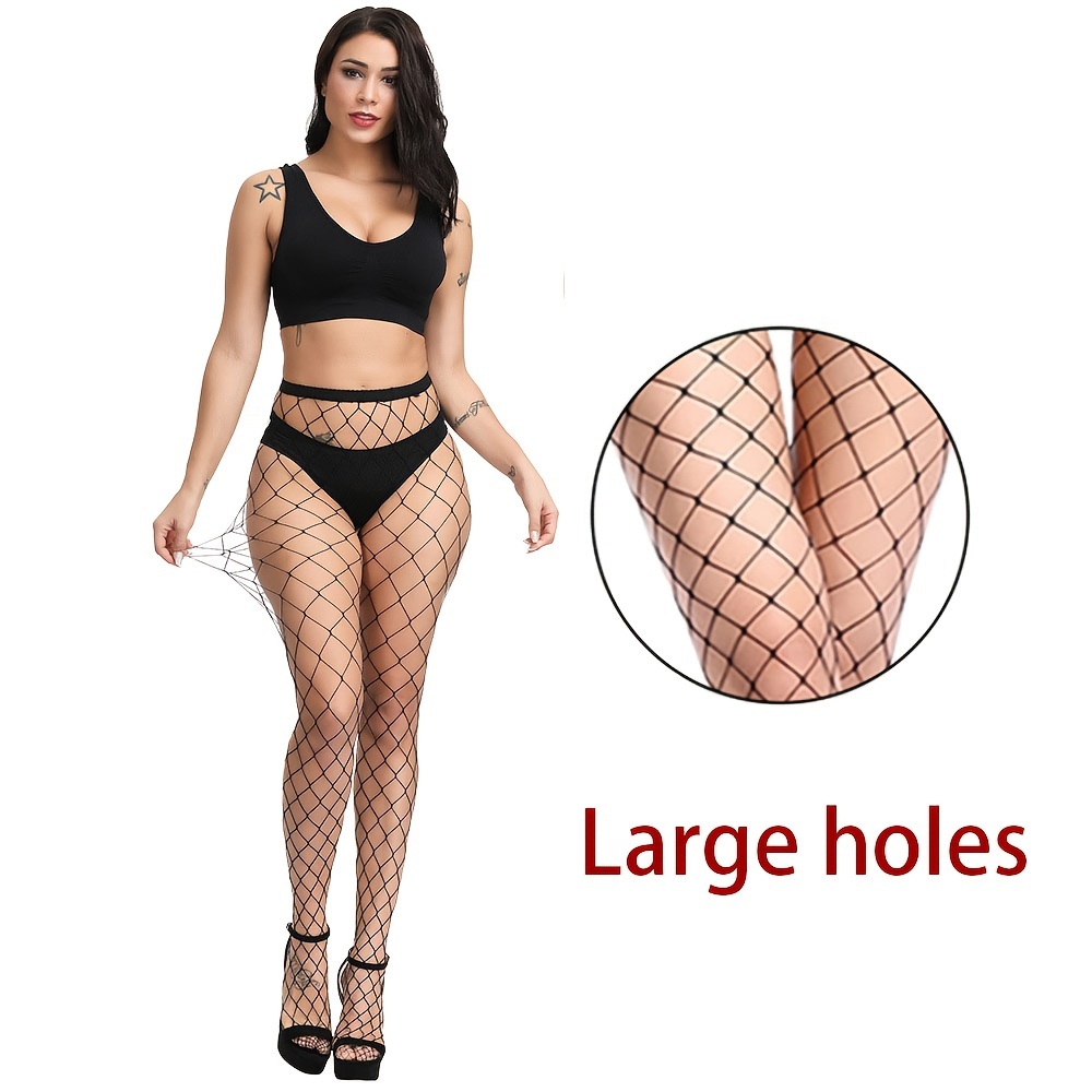 Black Fishnet Tights Hollow High Waist Footed Pantyhose - Temu