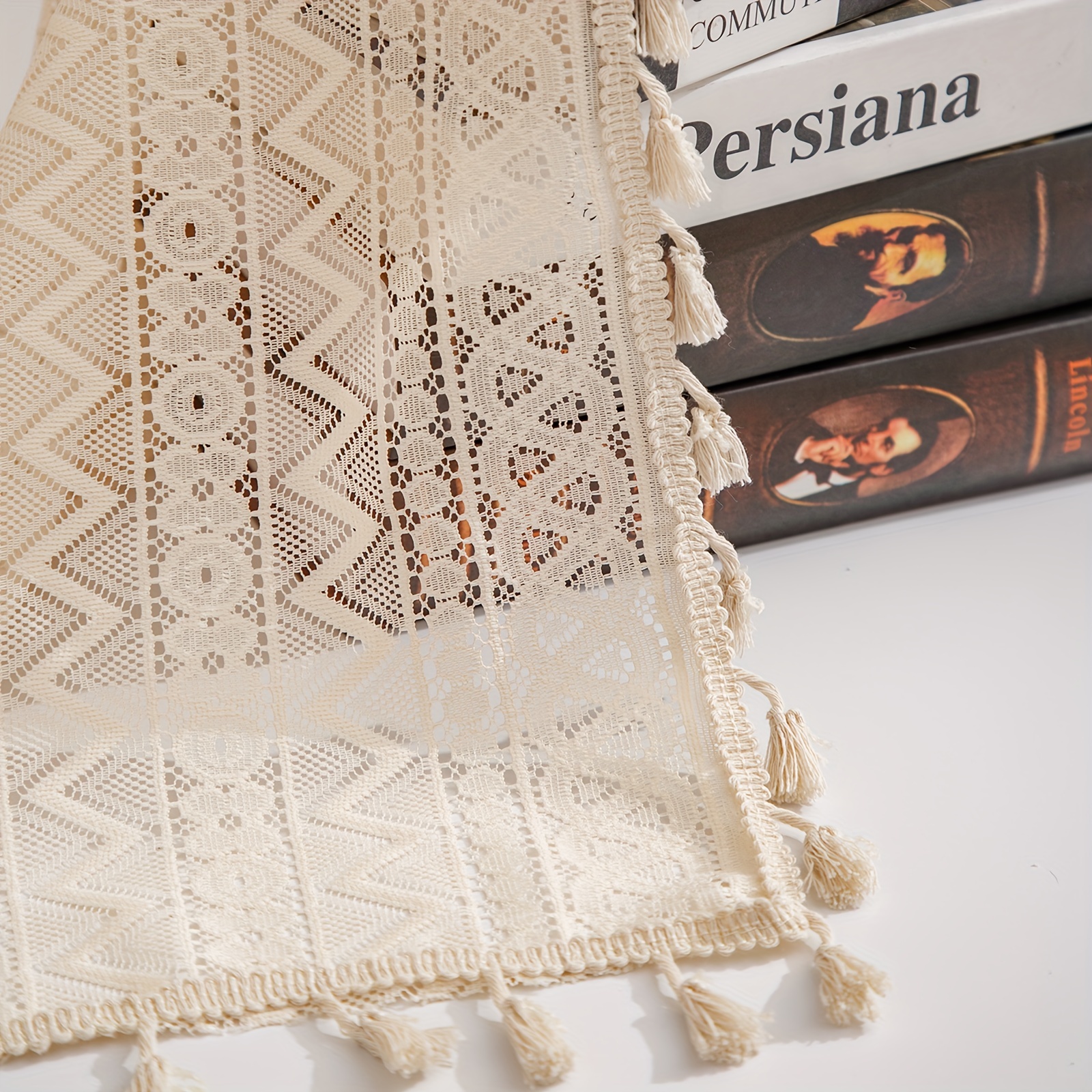 Boho Beige Tassel Trim Curtains Geometric Rod Pocket Coffee Curtains