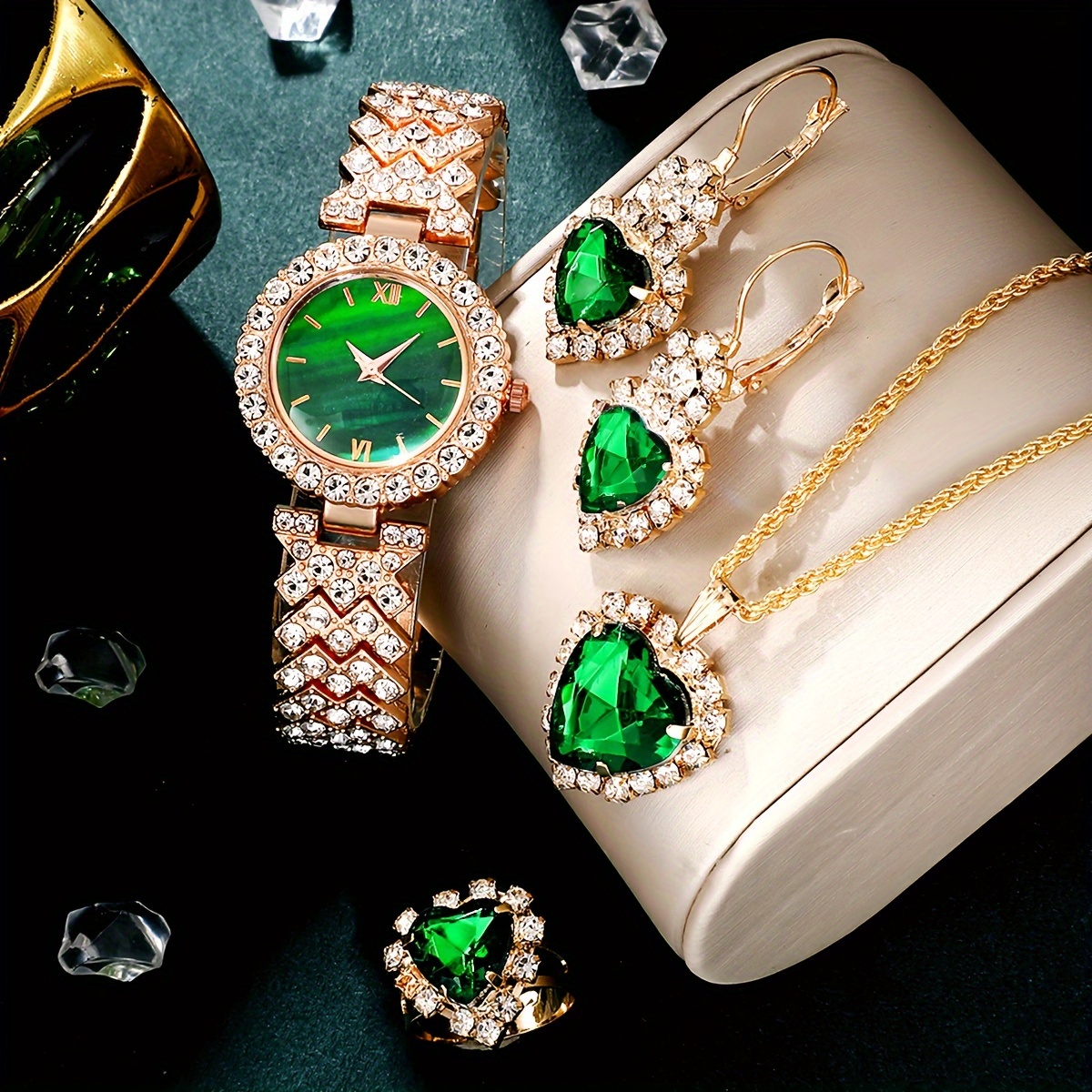 

5pcs/set Women's Watch Elegant Rhinestone Quartz Watch Vintage Graphic Analog Wrist Watch & Jewelry Set, Gift For Mom Her