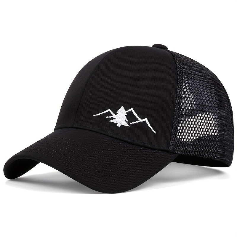Mountain Embroidery Baseball Baseball Hat, Dad Hats Black Mesh Breathable Unisex Trucker Hat Lightweight Adjustable Sun Hats For Women & Men