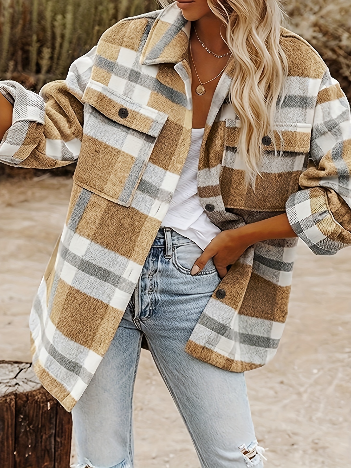 Meichang Women's Cardigan Puff Bat-Wing Sleeves Jacket Open Front Button  Down Loose Fit Coat Fashion Plaid Print Shacket Fall Clearance 