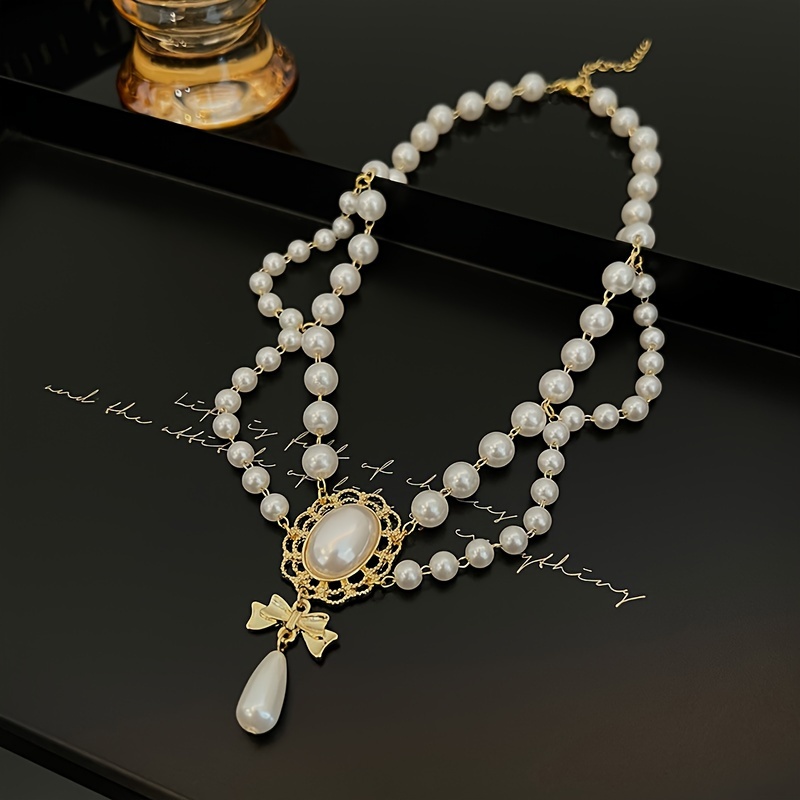 Vintage Baroque Style Faux Pearl Tassel Necklace for Women Dinner Party Dance Ball Wedding Decor Accessories, Short Choker Collarbone Chain,Temu