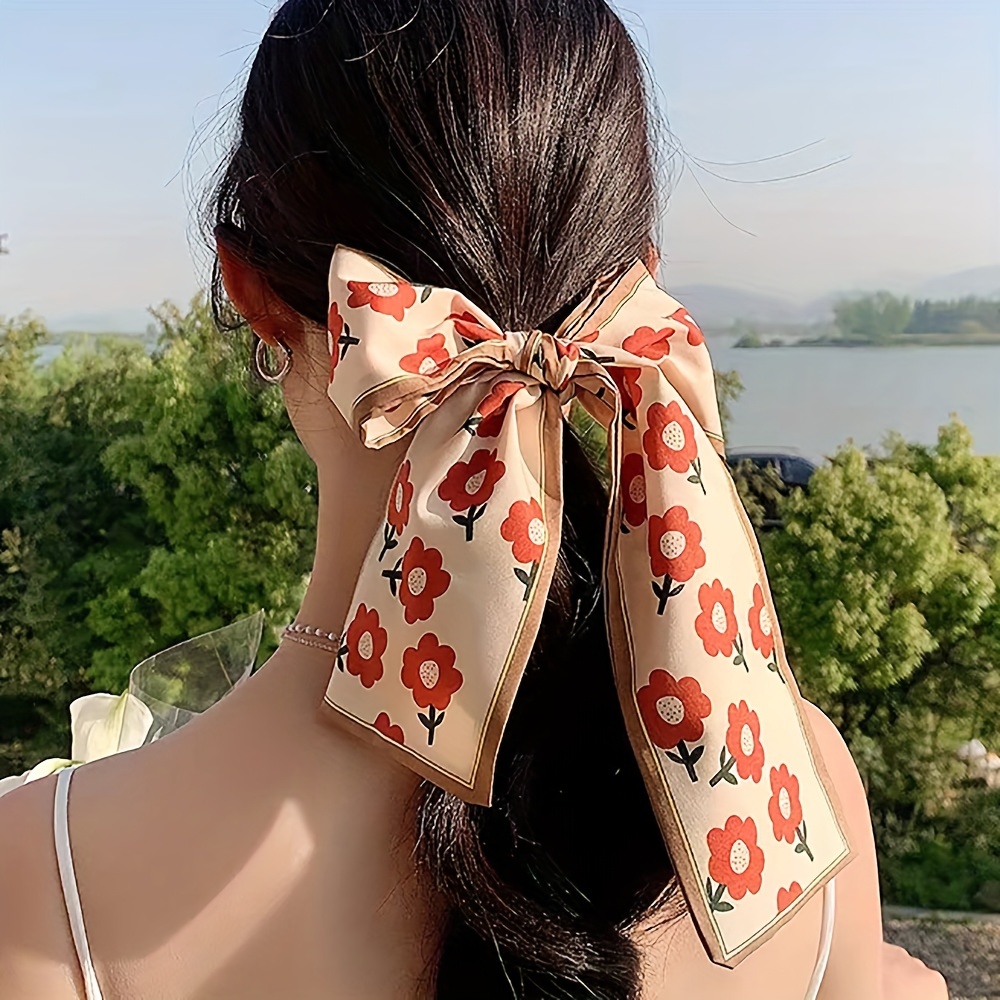 2pcs Floral Color Block Skinny Scarf Long Ribbon Neckerchief Elegant Twilly  Scarf Decorative Wrist Wraps Hair Ribbon For Women