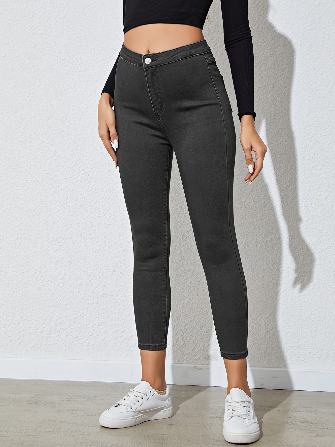 High * Washed Grey Skinny Jeans, Cropped Stretchy Tight Fit High Waist  Denim Pants, Women's Denim Jeans & Clothing