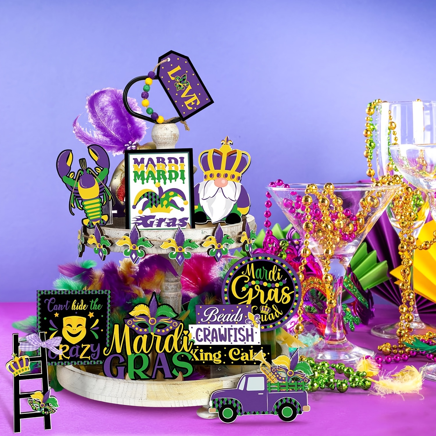 Mardi Gras Tiered Tray Decor Happy Mardi Gras Table Wooden Sign Decorations  Venetian Carnival Table Sign Masquerade Party Centerpiece for Home Kitchen