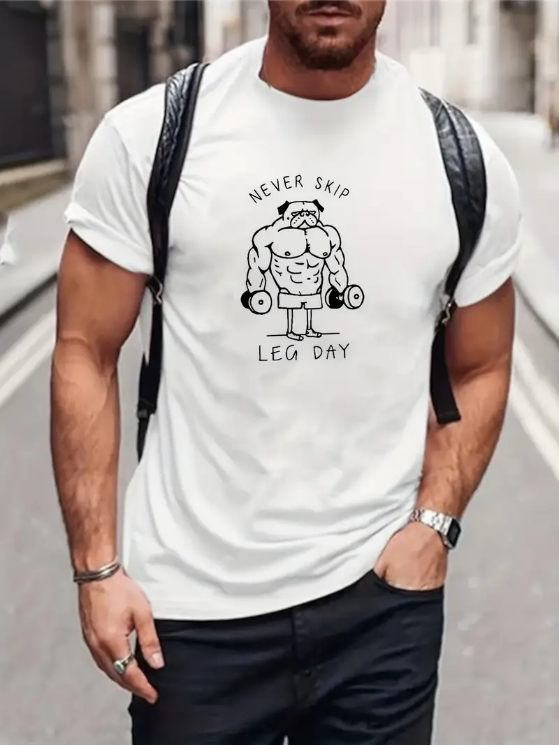 Letter Graphic Crew Neck Applique Tees, Men's Short Sleeve Cotton Summer Weekend Casual Funny Bulldog Print Spring Fall Gifts Gym T Shirt, T-shirts