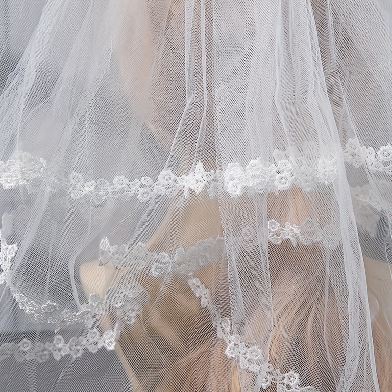 Lace Edge Bridal Wedding Veil White Short Simple Veil with Comb, Hair Brush Wedding Accessories,Temu