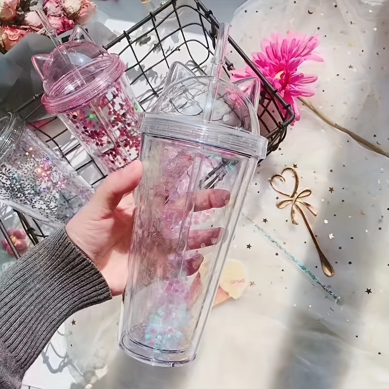 Plastic Cups With Straw Sequin Double Layer Water Bottle Cat Ear