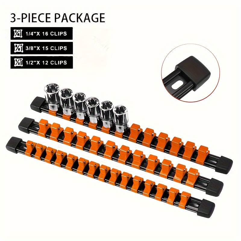 

3pcs Orange Drive Socket Organizer Rails Kit For 3/8" 1/4" 1/2" Socket, Socket Holder Rail, Orangesocket Holder, Mountable Sliding Tray Rack Tool Rail Holder