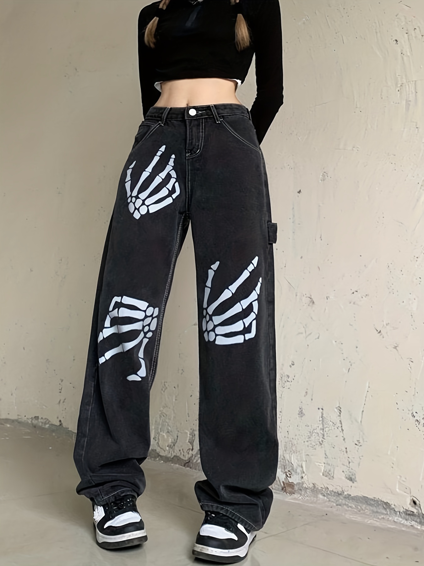 Black Hand Skeleton Print Straight Jeans, Loose Fit Slant Pockets Street  Style Boyfriend Jeans, Halloween Women's Denim Jeans & Clothing