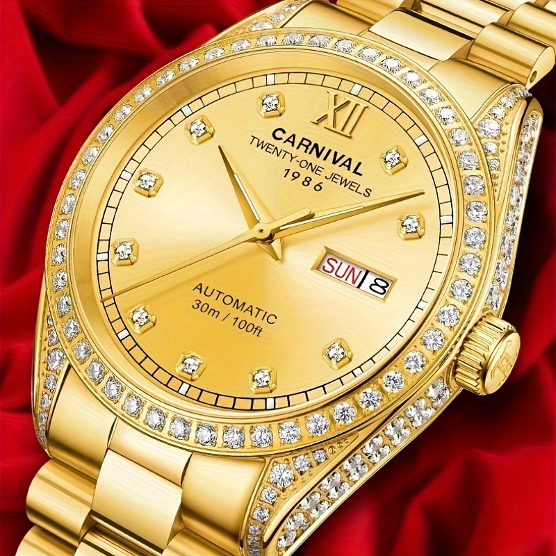 

Carnival Golden Watch For Men, Rhinestone Business Waterproof Automatic Mechanical Wrist Watch