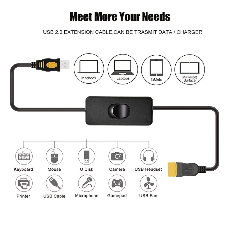 Cable USB con interruptor, paquete de 3 cables de extensión USB macho a  hembra, interruptor de encendido/apagado en línea para grabadora de