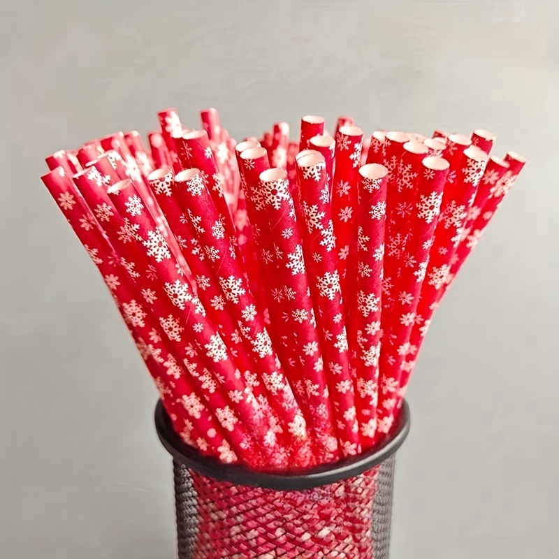 25pcs Christmas Paper Straws Snowflake Drinking Straw Christmas Decorations for Home Xmas Happy New Year Noel Party Supply, Red