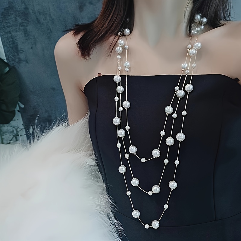 

3-layer Faux Pearl Decor Necklace Elegant Japanese/ Korean Style Copper Jewelry Winter Sweater Decor Necklace