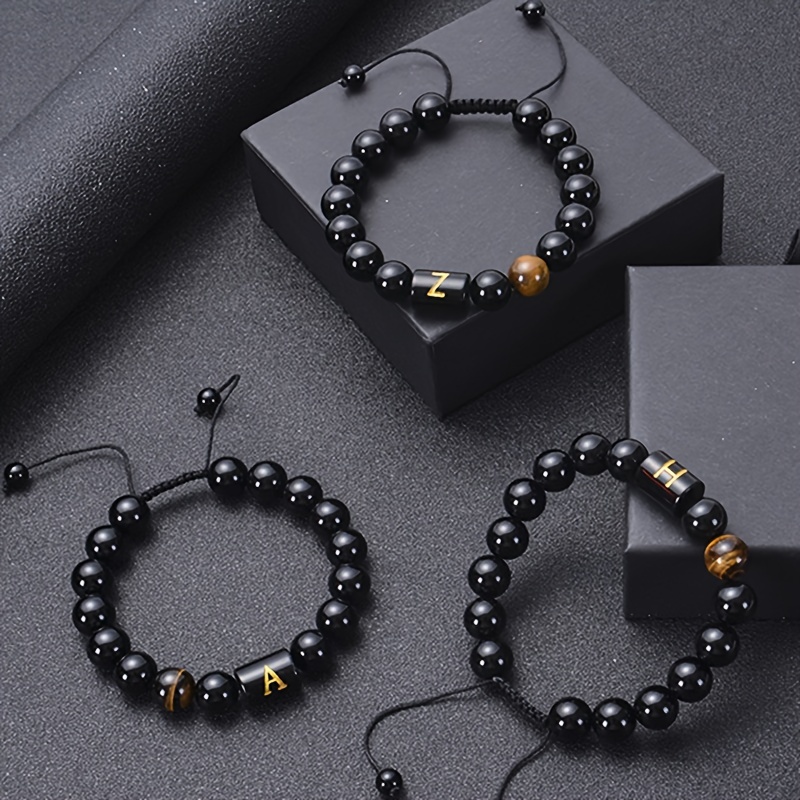Initials Bracelets For Men Letter Bracelet Handmade Natural Black