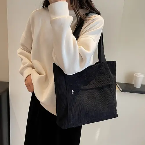 Women's Corduroy Handbag Simple Striped Shoulder Bag For - Temu
