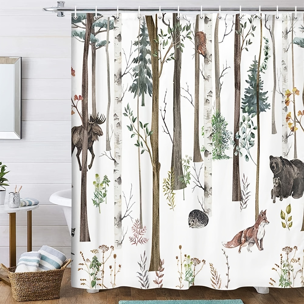 Forest Black Bear Winter Cabin Waterproof Bathroom Shower Curtain with12  Hooks