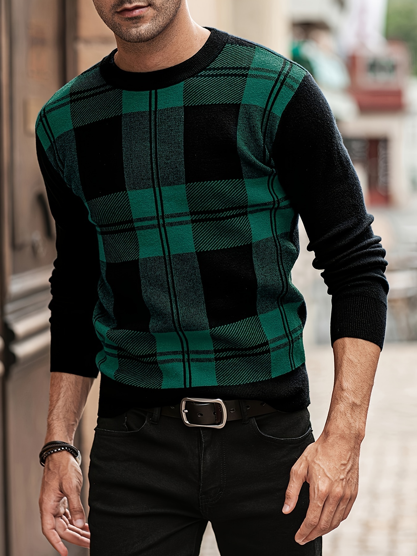 All Match Knitted Plaid Sweater, Suéter De Punto A Cuadros Para Hombre,  Cálido Y Casual, De Cuello Redondo Y Manga Larga, Para Otoño E Invierno