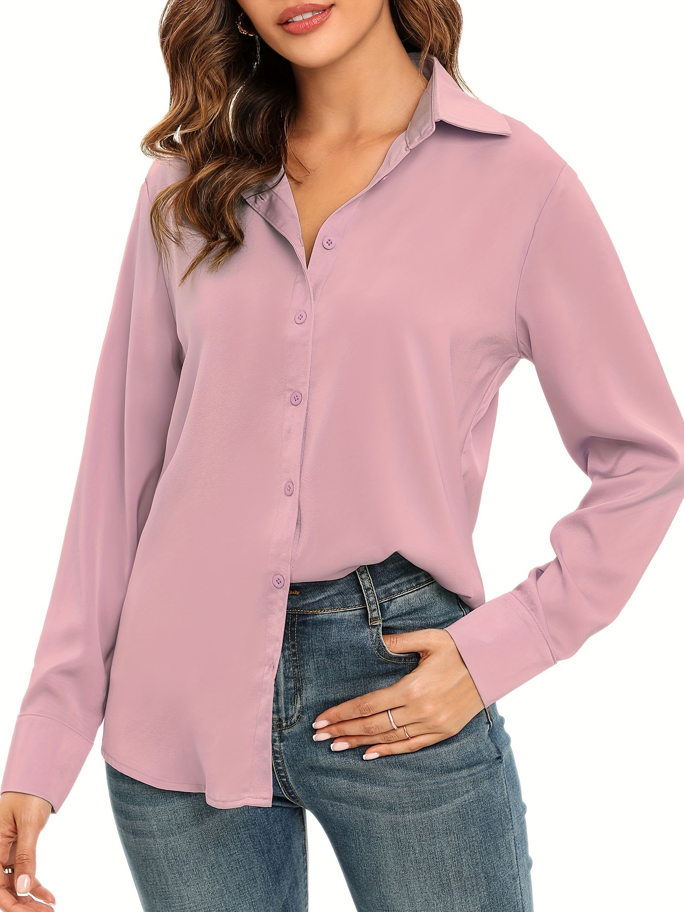 Camisa Larga Con Botones En La Parte Delantera, Camisa Informal De Manga  Larga Sólida, Ropa De Mujer