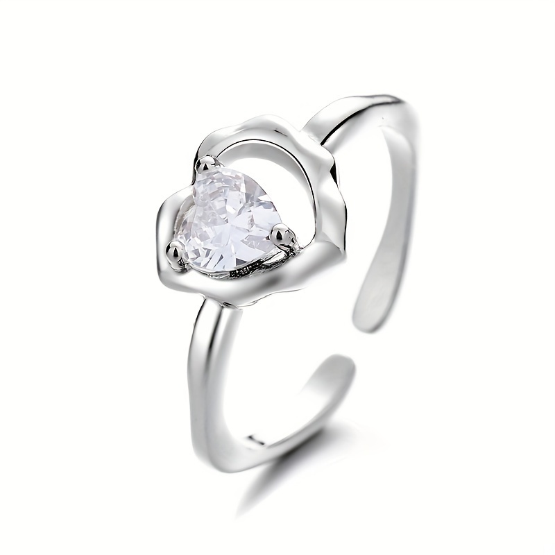 Bague Porte-bijoux En Forme De Cœur Avec Chaîne & Zircon – Argentée, Taille Ajustable – Cadeau Amitié Ou Amour