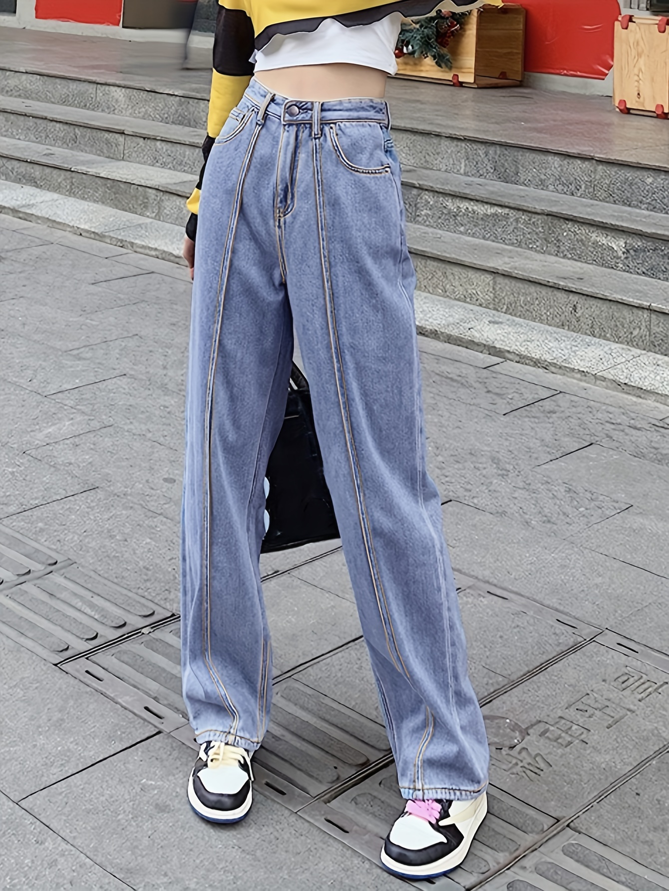Jeans Rectos De Talle Alto * Pantalones De Mezclilla De Tiro Alto Sueltos  Con Múltiples Bolsillos, Jeans Y Ropa De Mujer