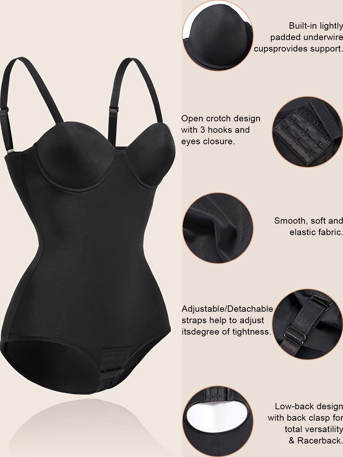Womens Bodysuit Built-in Underwire Bra Shapewear Tummy Control
