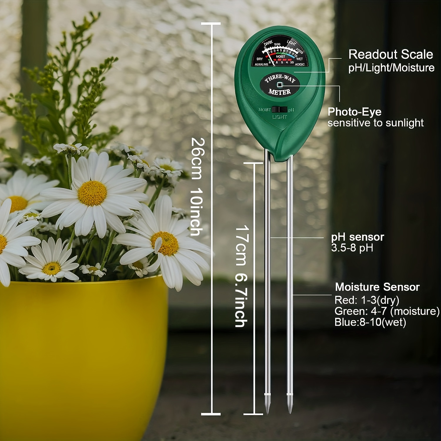 Testeur d'humidité du sol 3 en 1, ph-lumière, plantation de fleurs