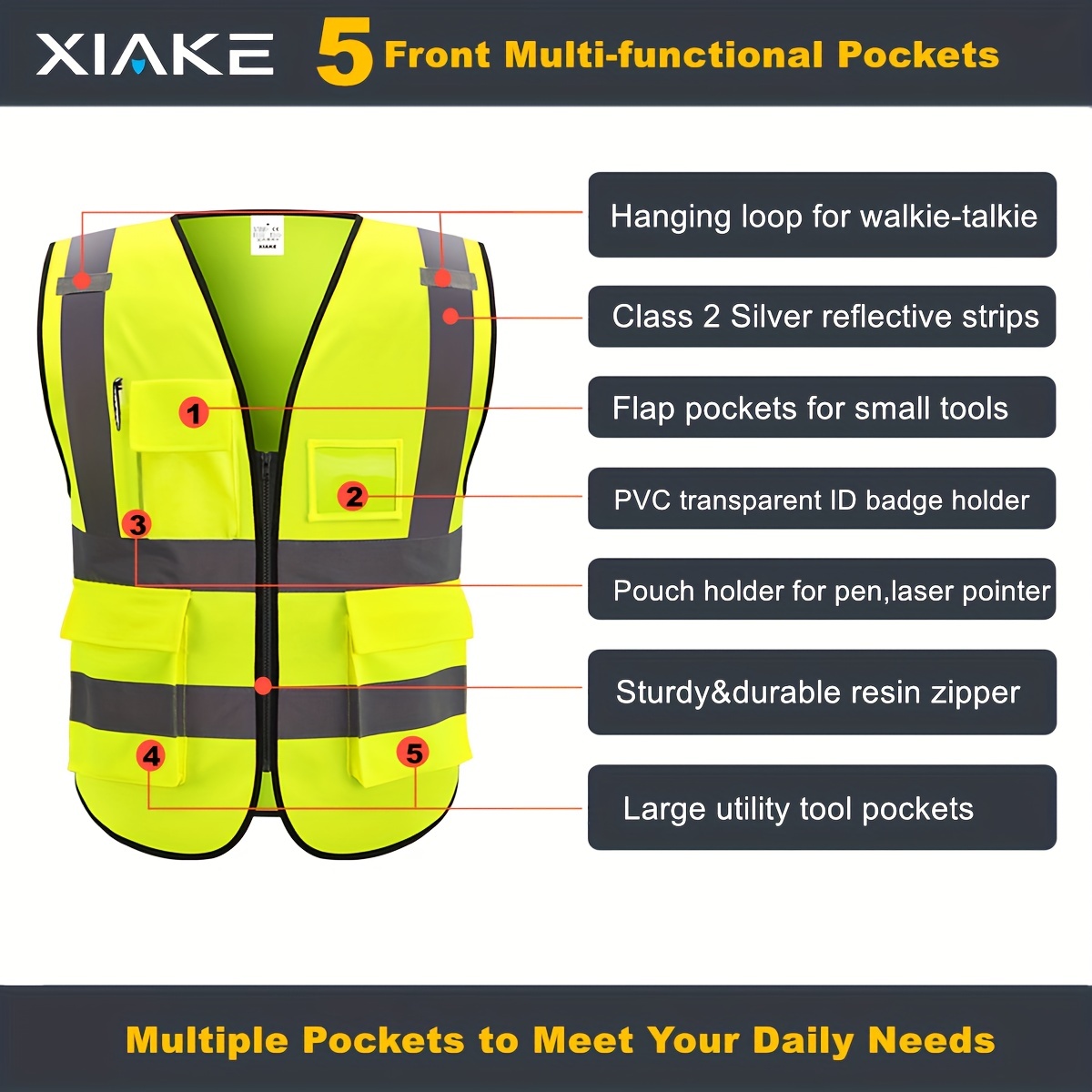 XIAKE Safety Vest Class 2 High Visibility Reflective Vest 100% polyester  fabric