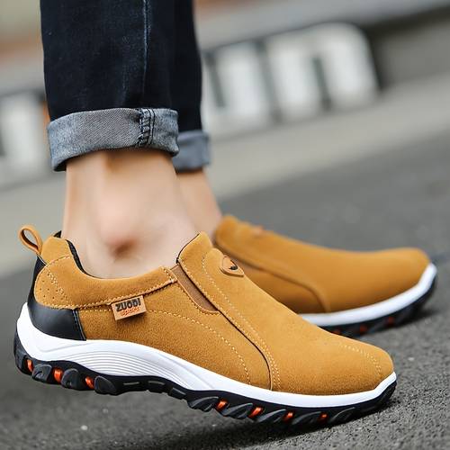 plus size mens solid slip on trekking shoes comfy non slip soft sole casual sneakers for mens outdoor activities