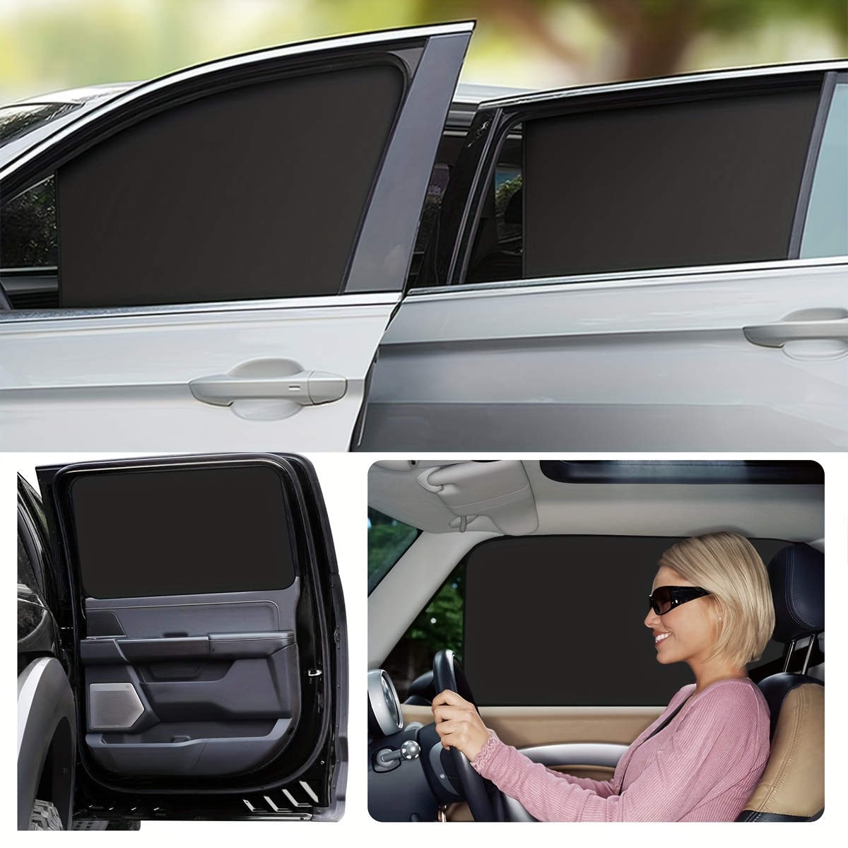 Car Side Window Sunshades Set with Hidden Magnetic Silvery Curtains