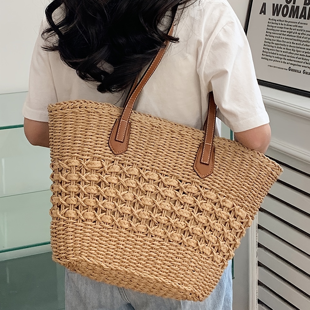 Simple Straw Tote Bag, Large Capacity Shoulder Bag For Travel