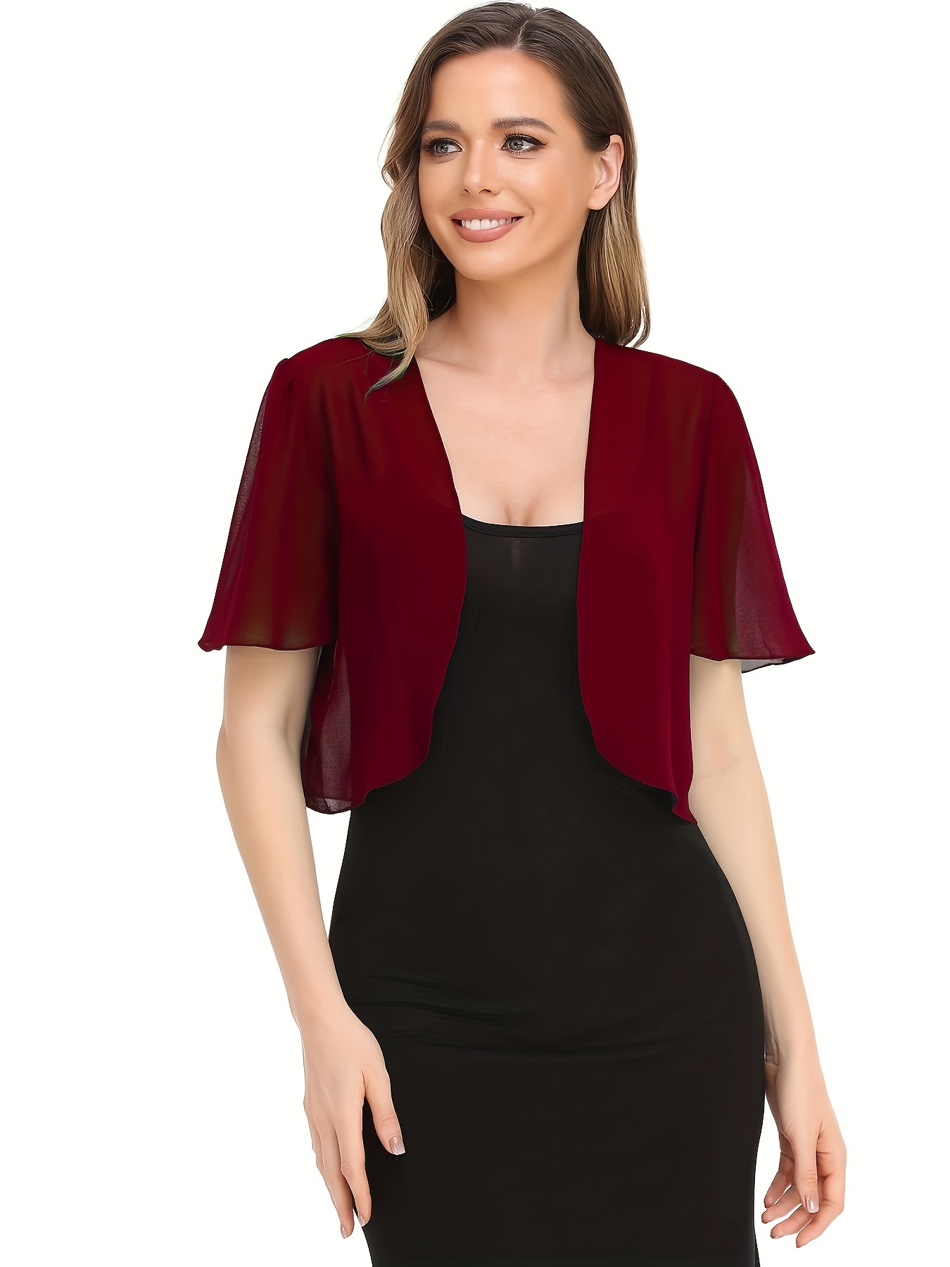 Open Front Crop Top, Elegant V-neck Short Sleeve Chiffon Blouse, Women's Clothing