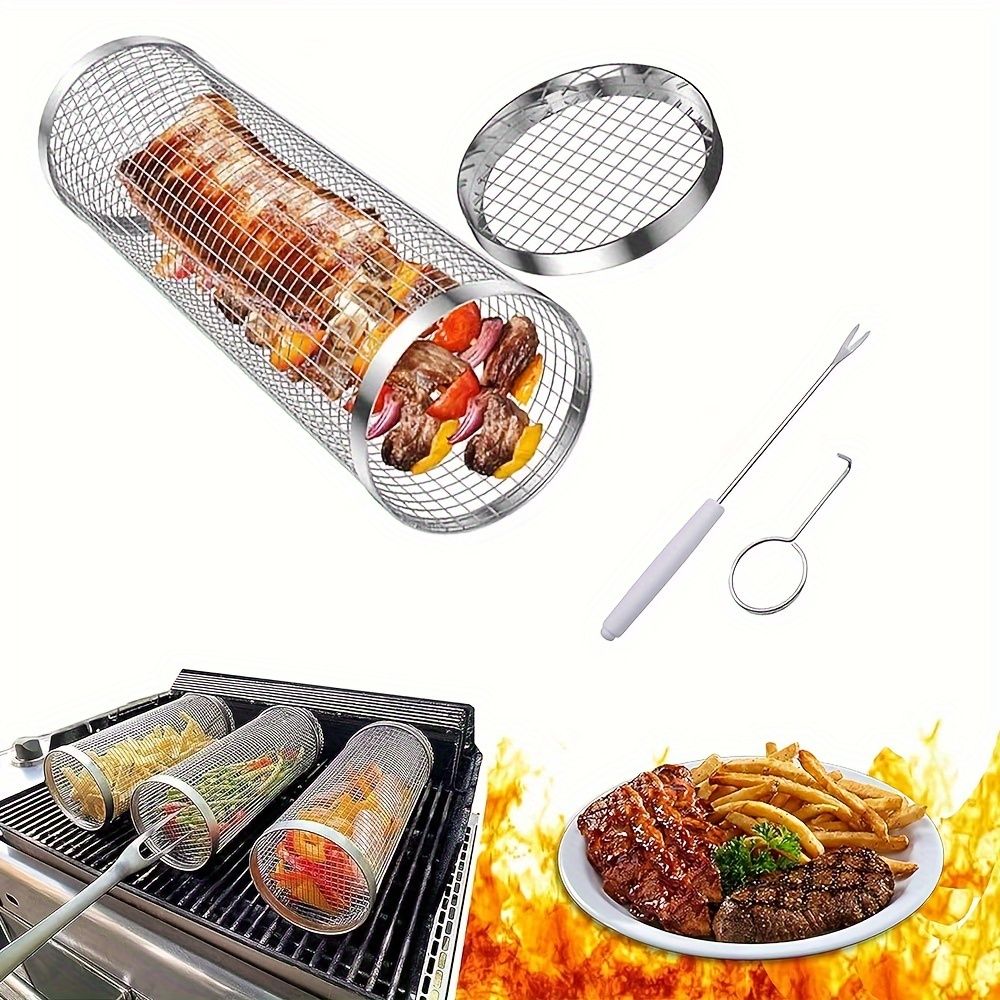 Round Rolling Grill Basket Outdoor Camping Barbecue Rack BBQ Accessories