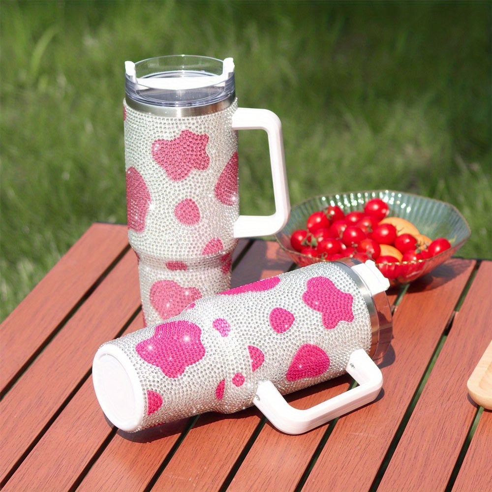 Cow Print Studded Tumbler With Lid And Straw, Stainless Steel Thermal Water  Bottle With Handle, Portable Drinking Cups, For Car, Home, Office, Summer  Drinkware, Travel Accessories, Birthday Gifts - Temu
