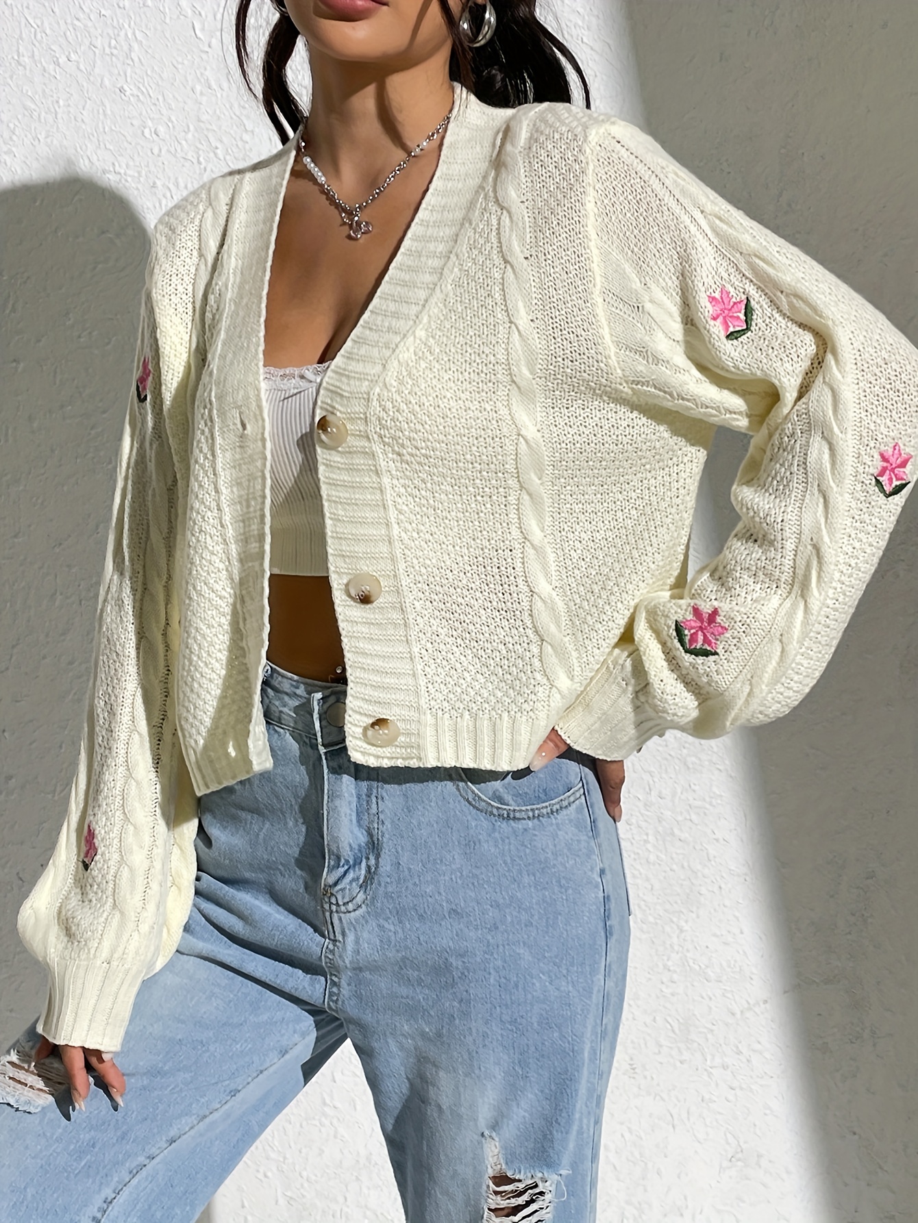 Lady Knitted Floral Cardigan Sweater Crop Tops Coat Retro Button