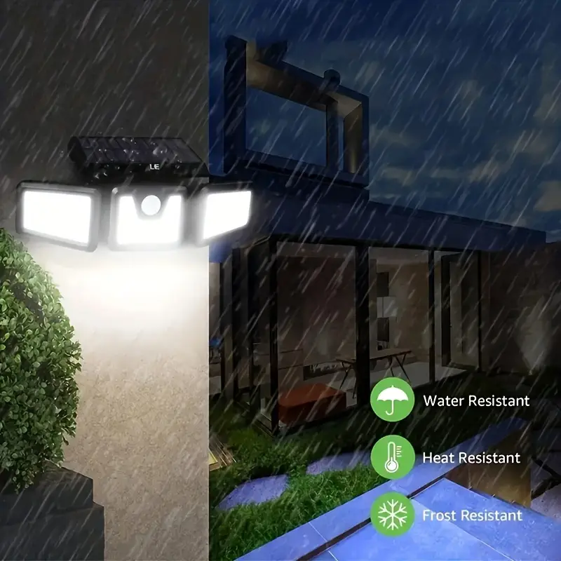 1 Paquete de 2 luces solares de pared de tres cabezales, lámpara de pared grande, impermeable, multifuncional, para exteriores, luz solar para jardín, luz de pared con sensor corporal, luz de calle solar LED, jardín Luz, Detalles 2