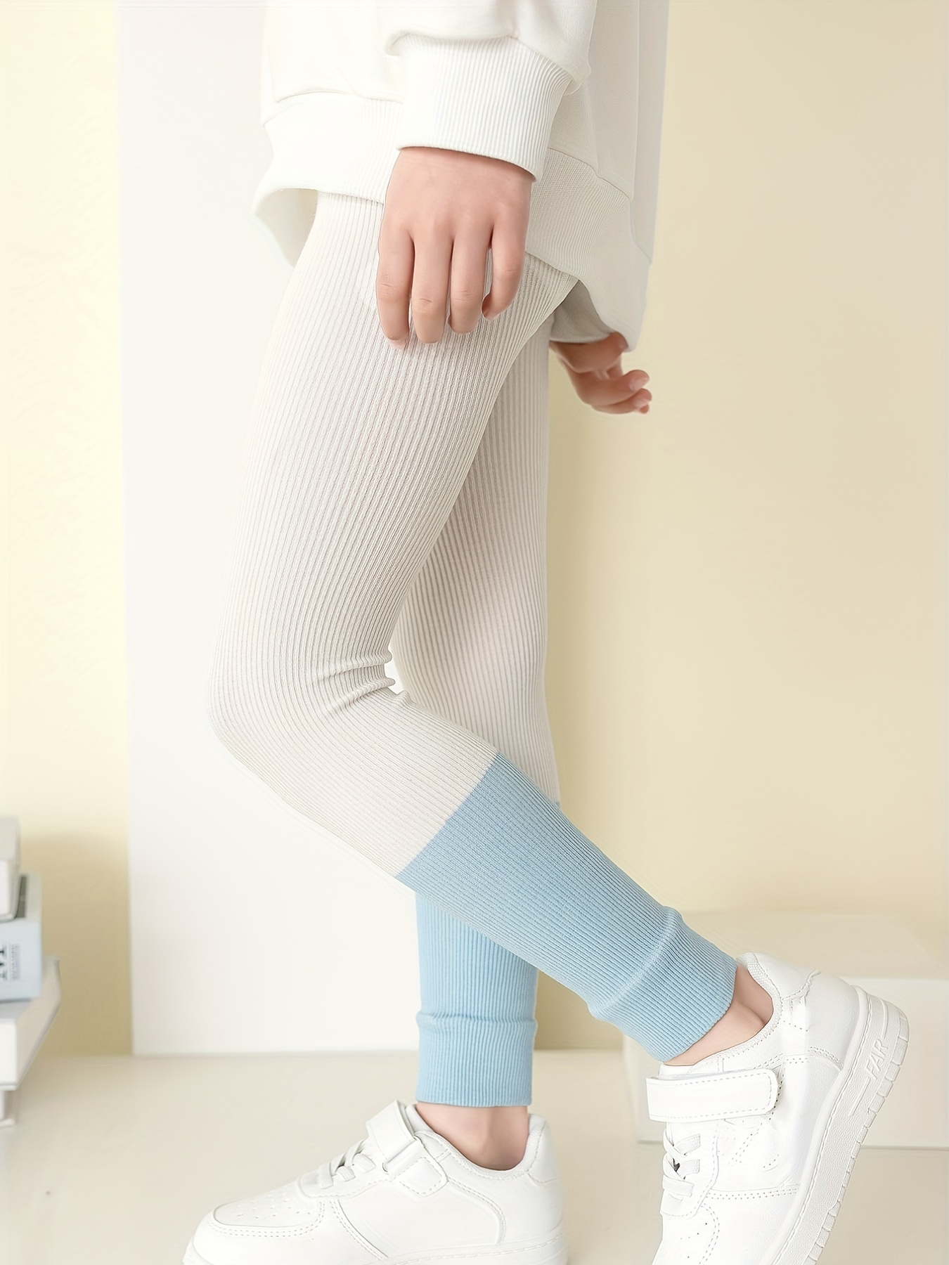 Girls Spliced Color Cute Versatile Ribbed Leggings Stretchy - Temu