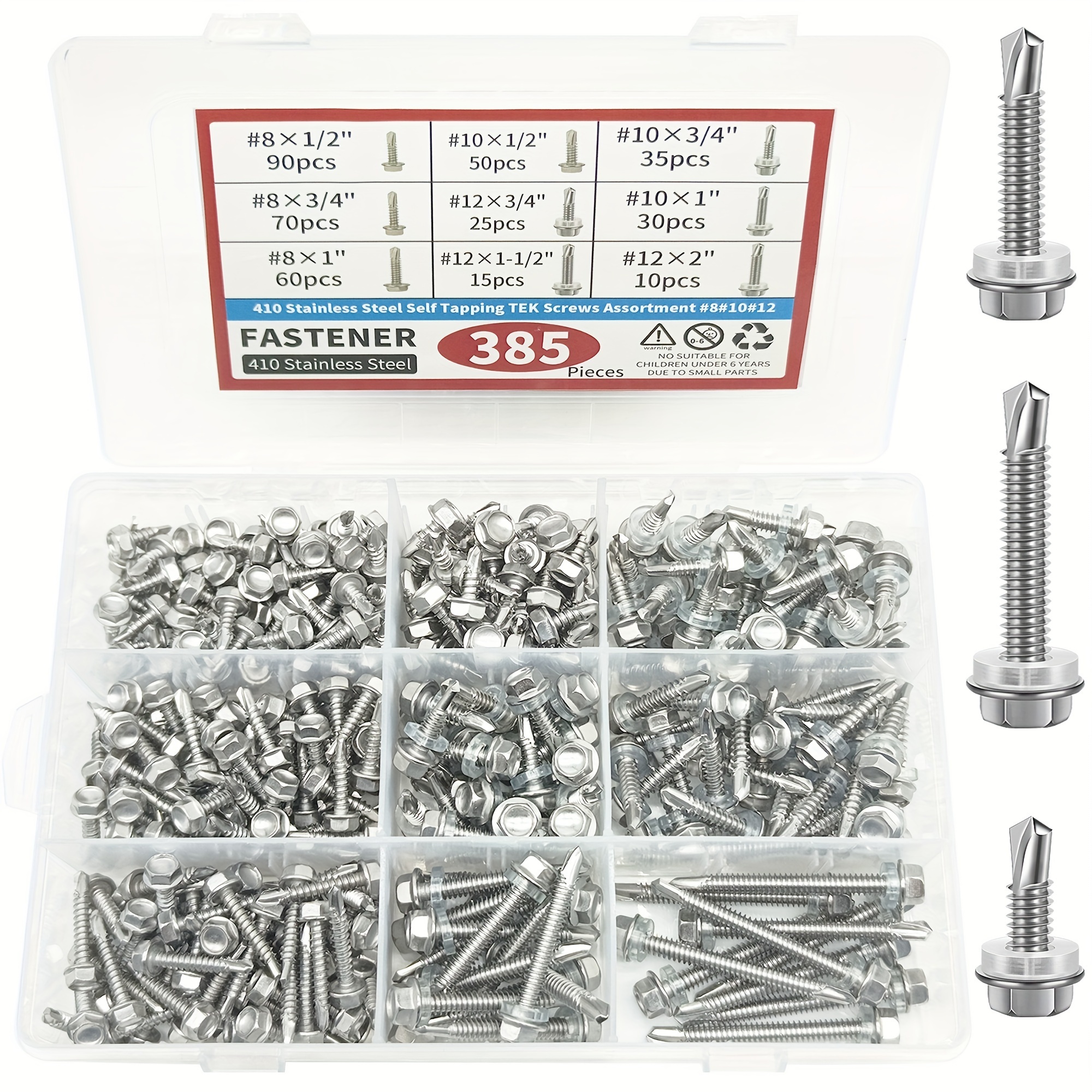 Trollug 450pcs Self Tapping Screws For Metal, 410 Stainless Steel Self Drilling Screws #8#10 Truss Head Sheet Metal Screws Assortment Kits, Length 1/2