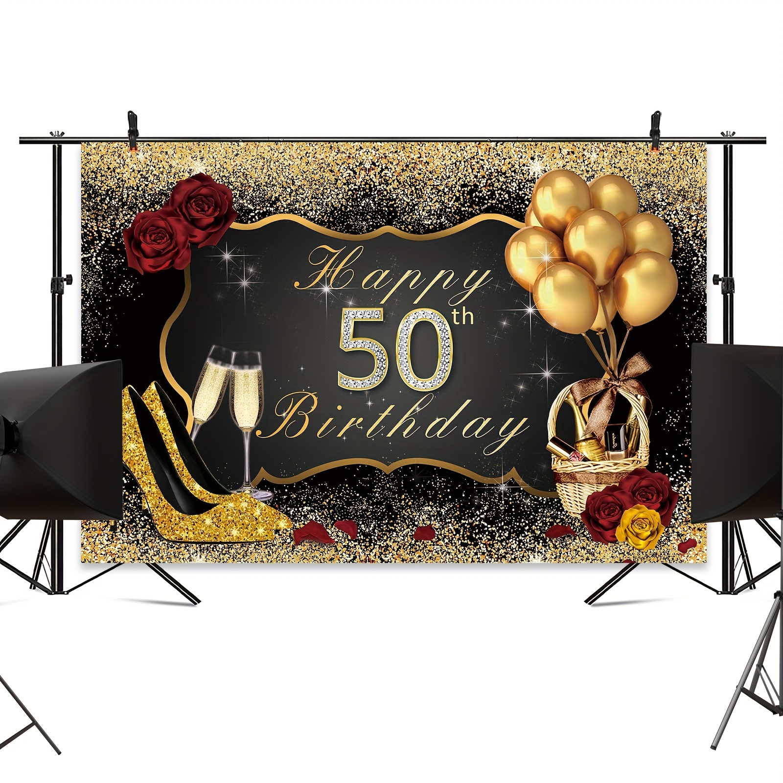 Fondo de fiesta de cumpleaños número 50 con globos negros y dorados  brillantes – webackdrops