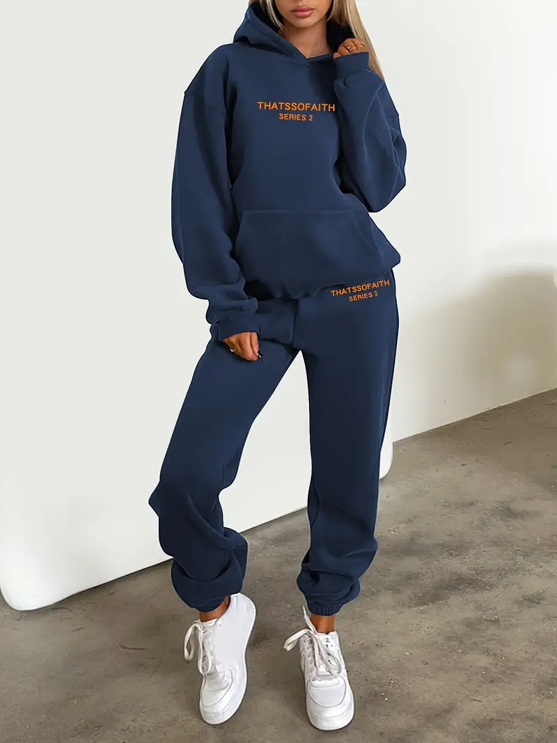Letter Print Casual Two piece Set Drawstring Hooded Tops - Temu
