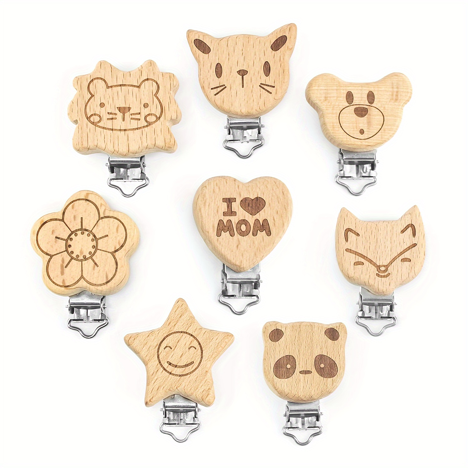 

6/8pcs Carton Wooden Clips, Beech Wood Clips, Engraved Cute Animal Designs, Heart Shaped "i Love Mom" Clip, Diy Nursing Jewelry Accessories, Universal Loop For Hanging Decors