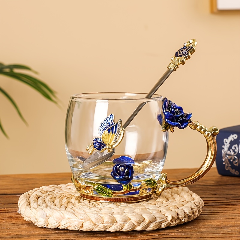 Exquisite Glass Coffee Cup With Spoon And Embossed Butterfly - Temu