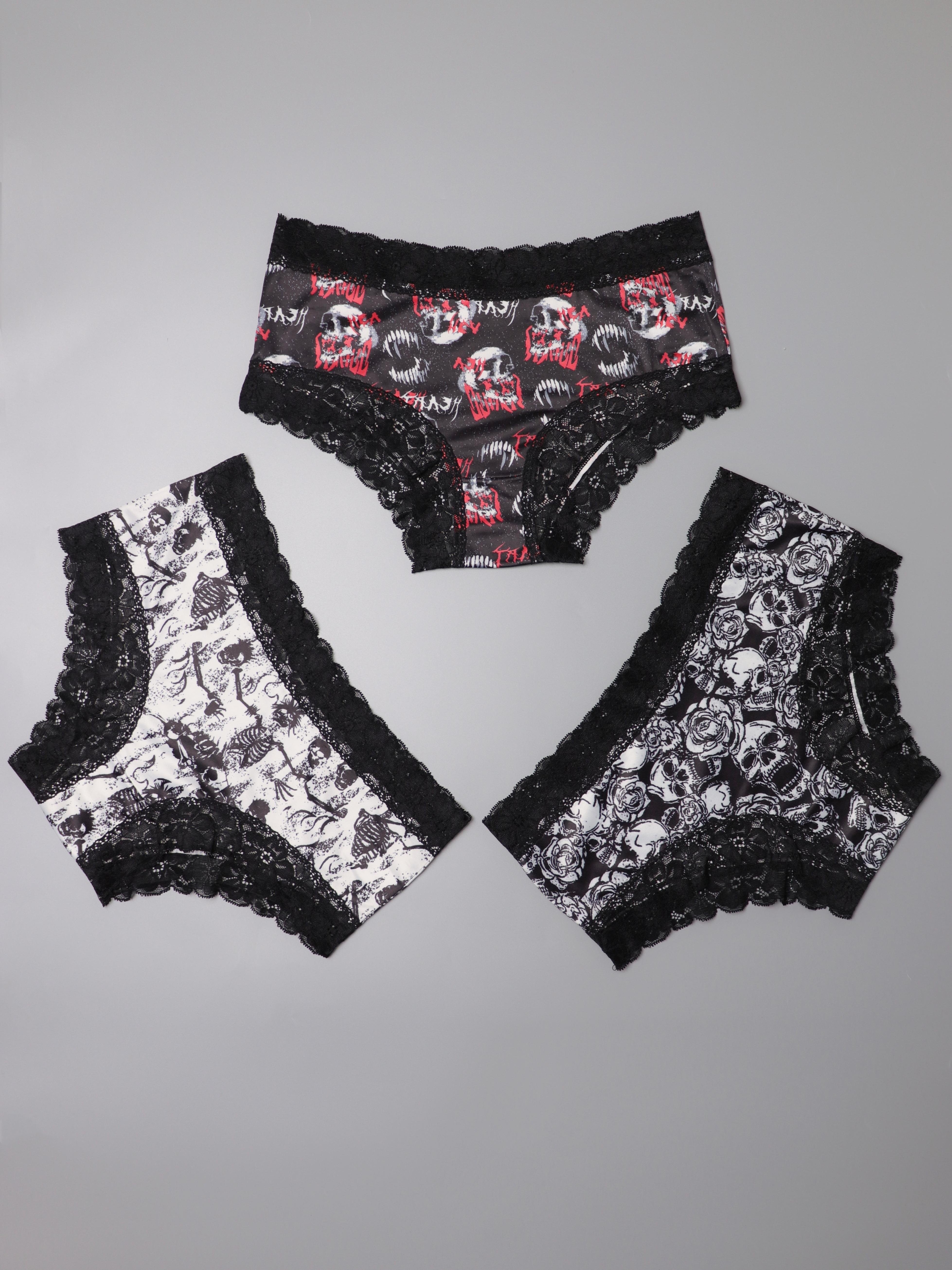 ROMWE Goth 3pack Halloween Graphic Contrast Lace Thong Set