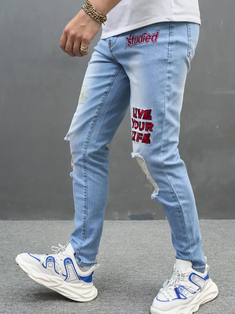 Bordado Carta Impresión Slim Fit Ripped Jeans Pantalones - Temu