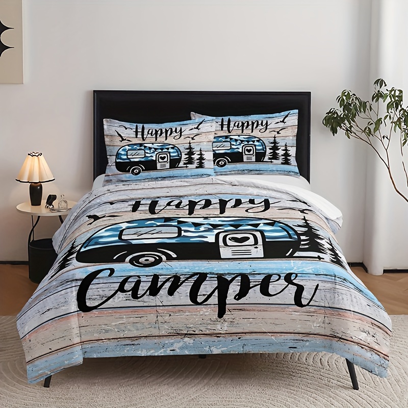 Happy Camping Comforter Cover Queen Camper Bedding Set For Kids