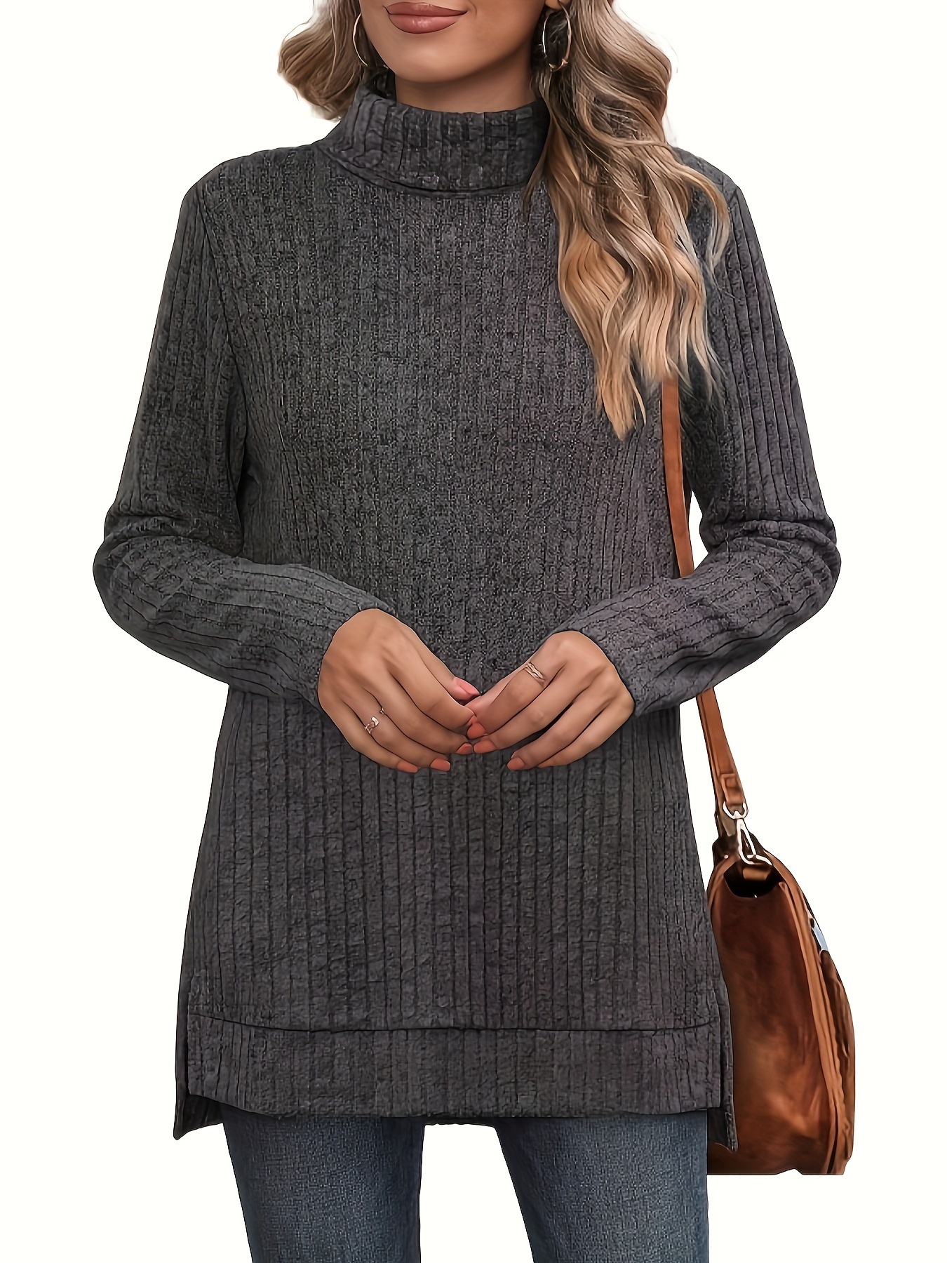 COLLUSION rib knit turtle neck sweater in steely gray