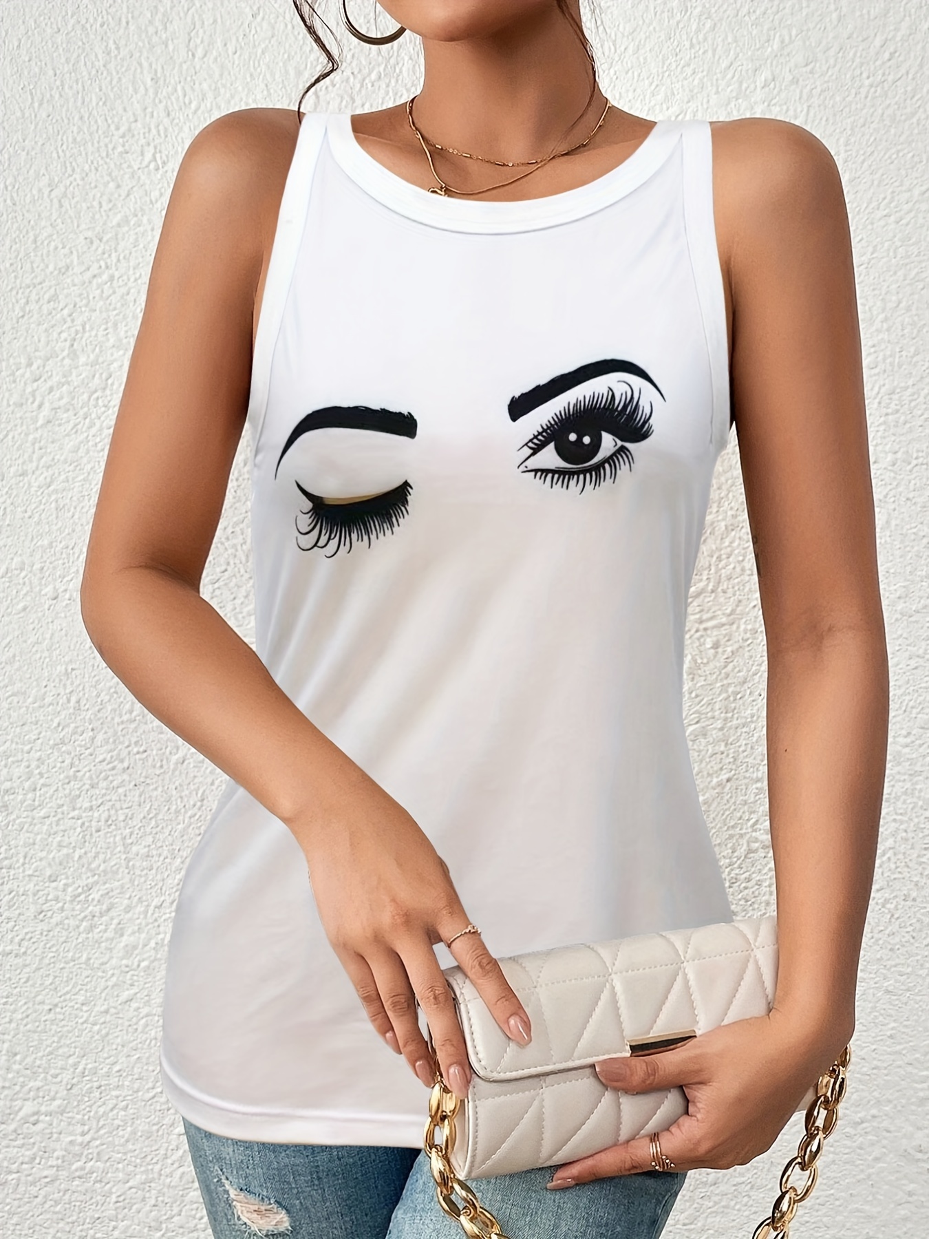 Eye & Eyelash Print Neck Tank Top Women's Sleeveless Top