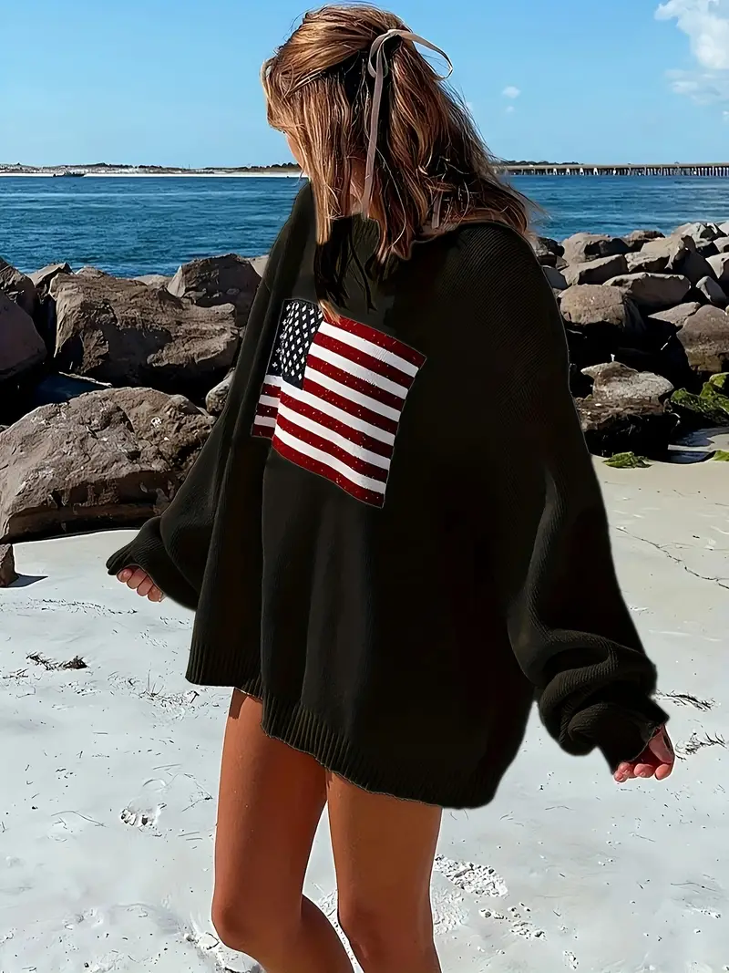 american flag pattern pullover sweater casual crew neck long sleeve loose sweater womens clothing details 1